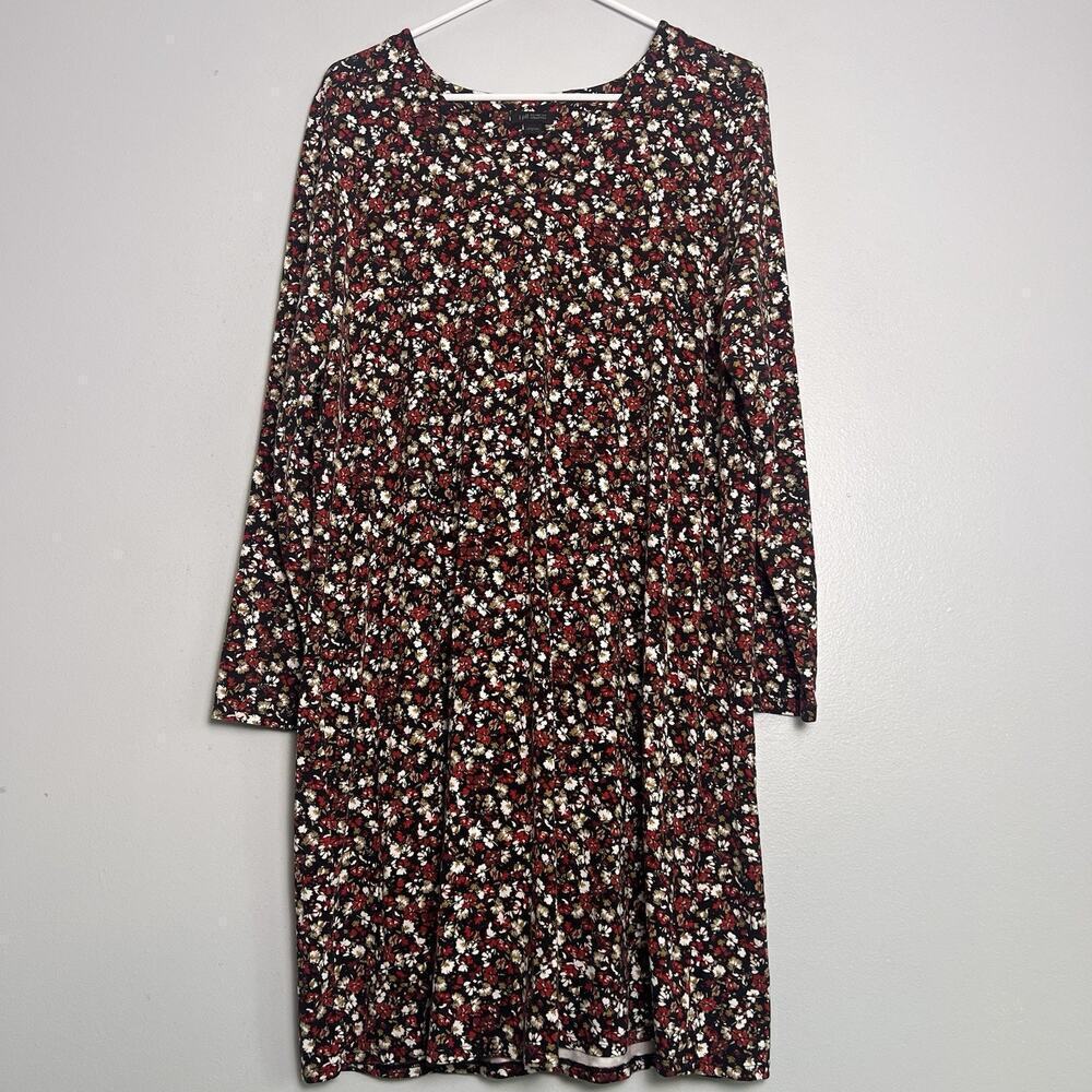 J Jill Long Sleeve Midi Dress Floral Black Red Sz L Casual Lounge Loungewear